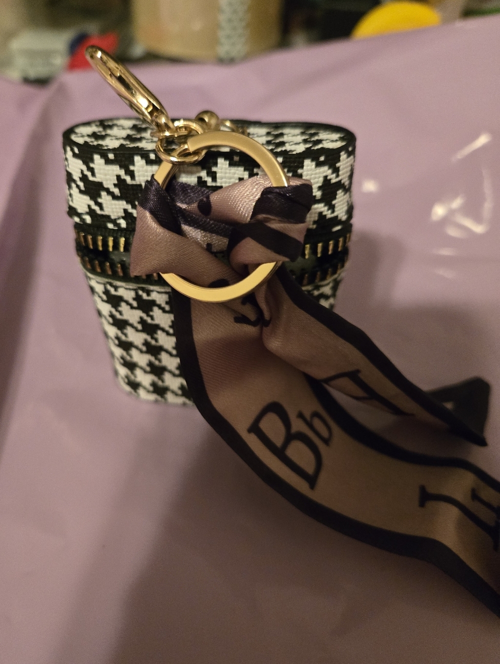 Black & White Houndstooth Mini Zip Case with Gold Ring and Silk Scarf